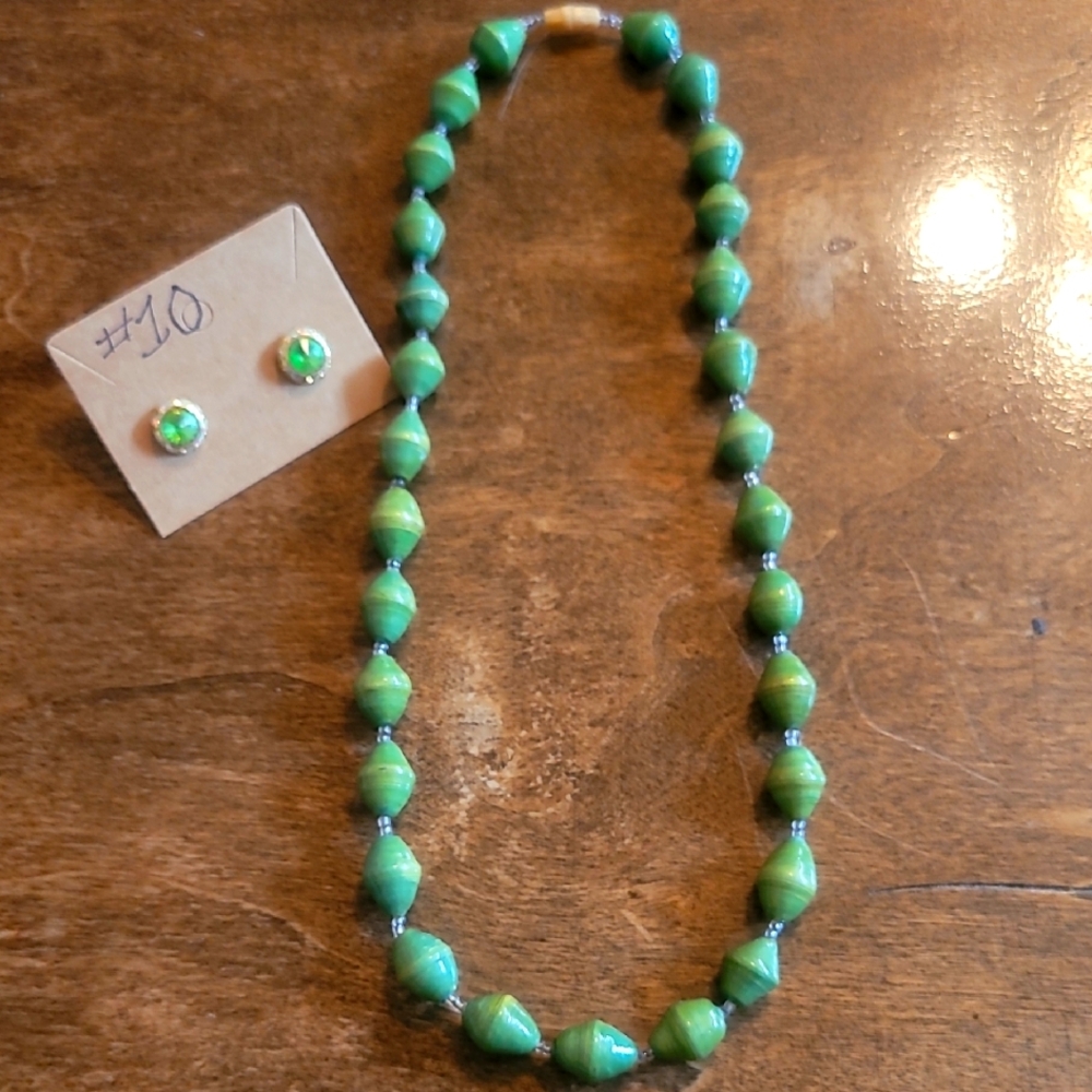Purple #10 Green Beaded Necklace and Earring Set